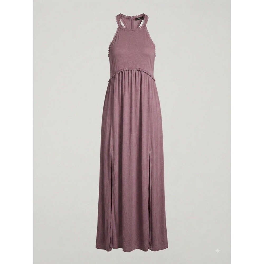 POL Women's S Mauve Pink Crochet Trim Racerback Maxi Dress Double Slit RCD85 Y2K